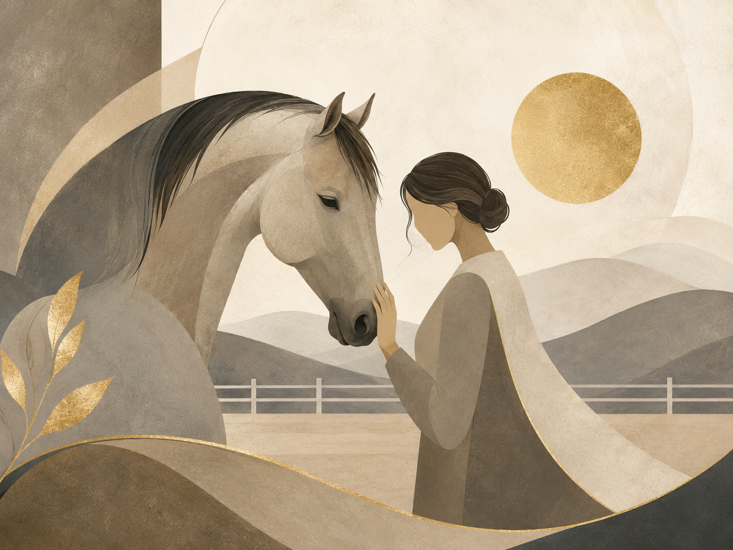 An equine assisted coaching moment shown from the coach's perspective with a client and horse in a calm outdoor arena.