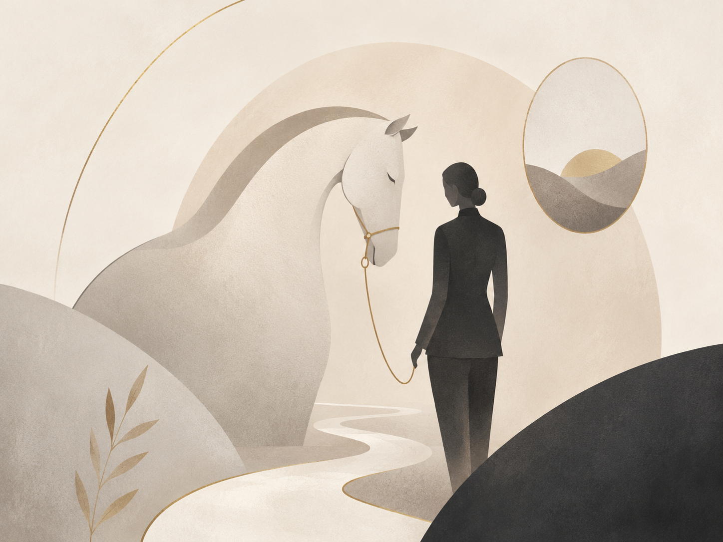 Equine assisted leadership coaching with a client and horse in a calm arena.